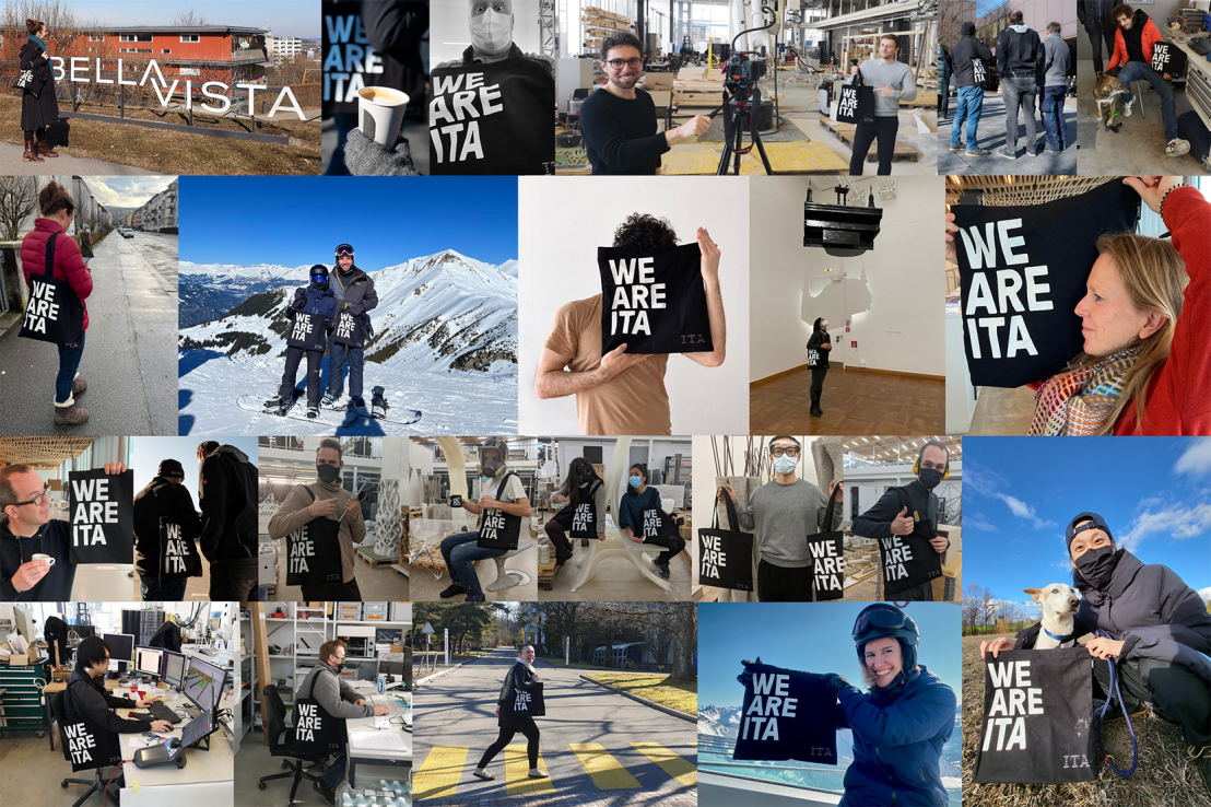 Collage of people wearing a bag saying the slogan "We are ITA"