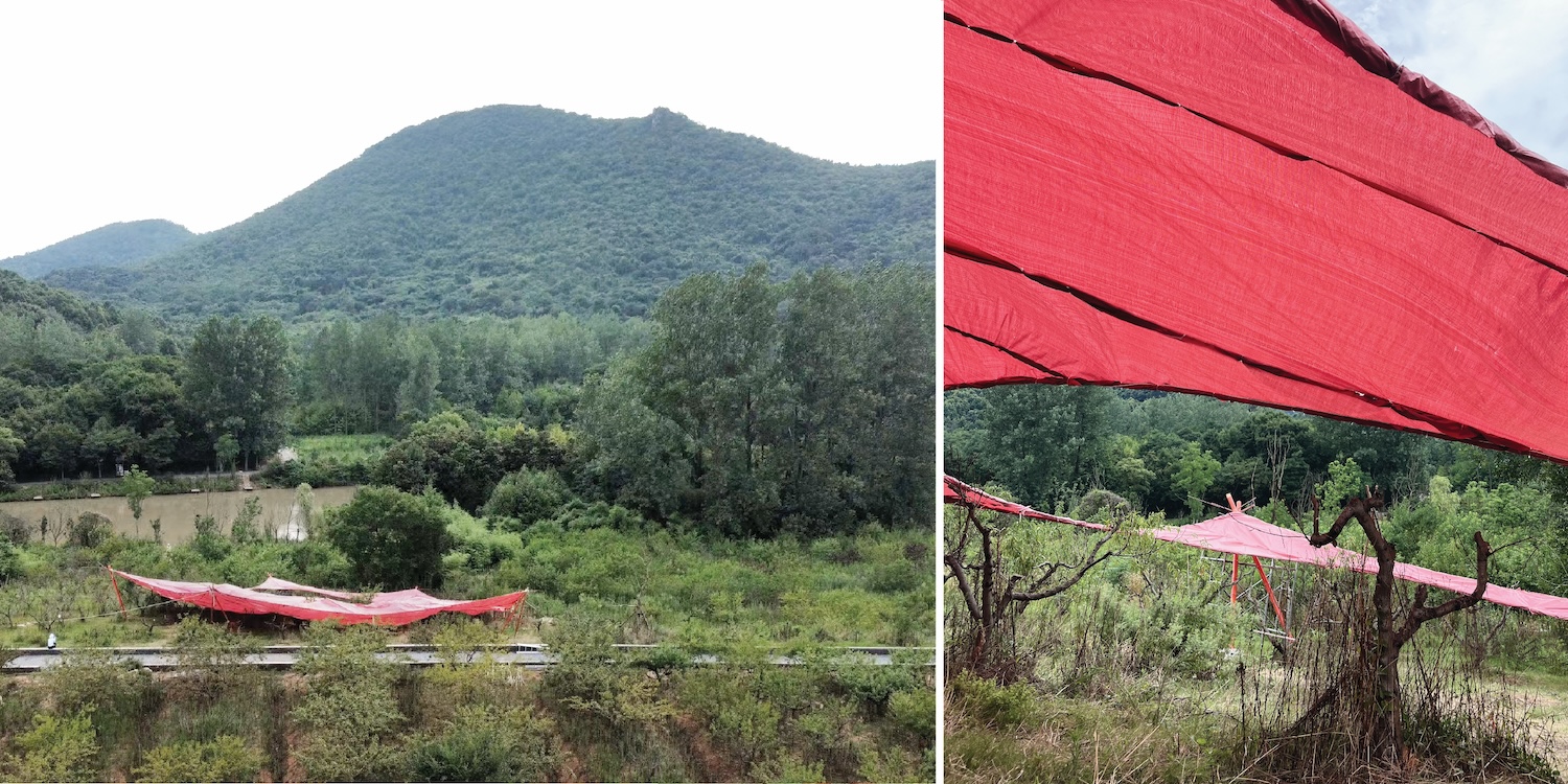 Canopy made of bamboo and red woven geotextile.